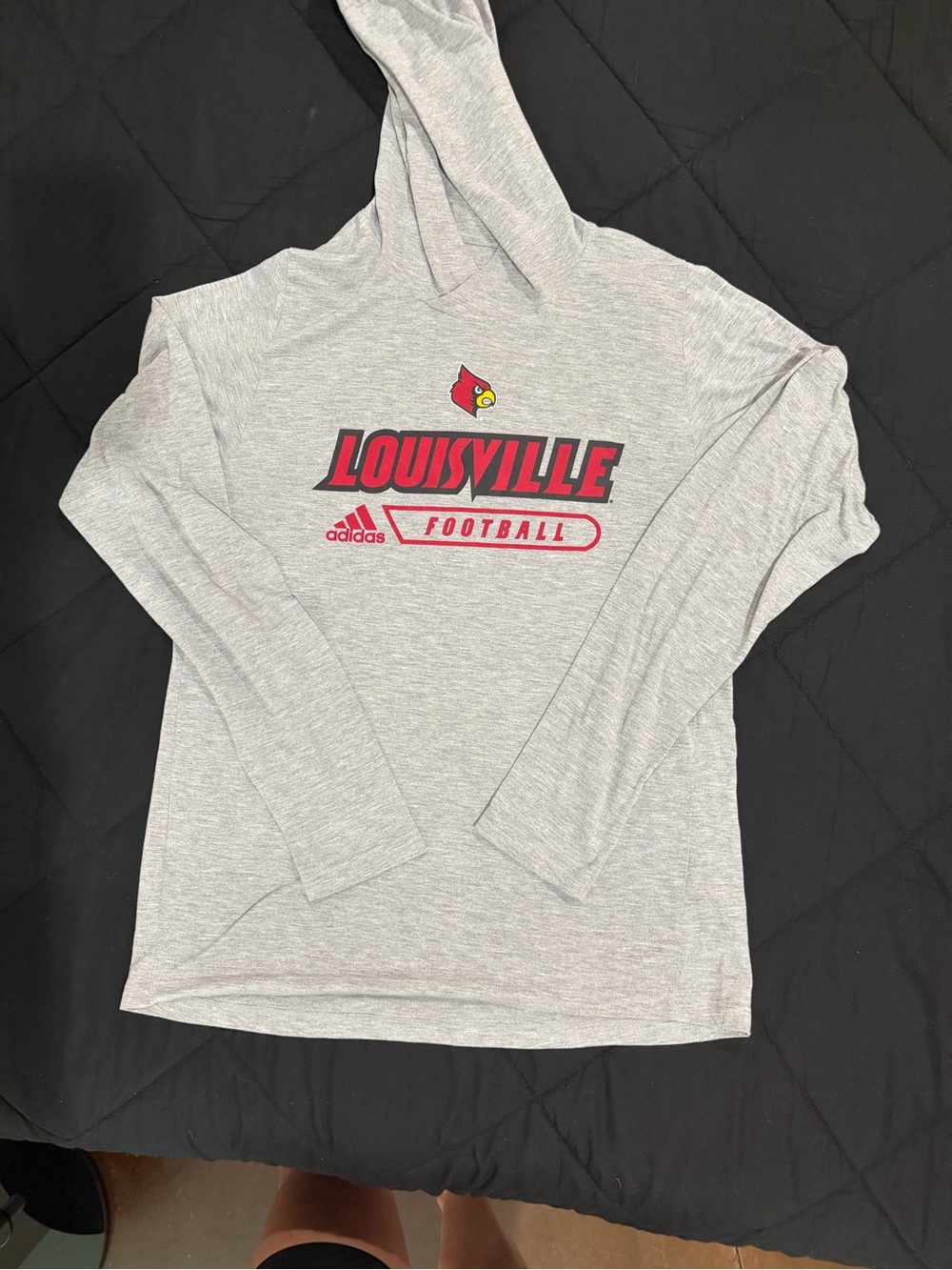 adidas Gray Long-Sleeve Hooded Tee with Red Louisville Football Logo